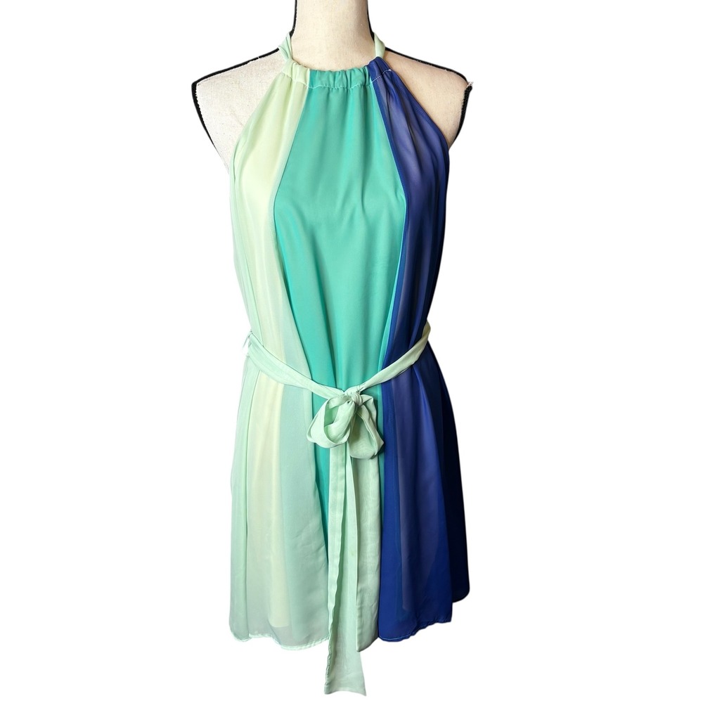 COCOLOVE Halter Dress Color Block Sleeveless Sheer‎ Overlay Party Small